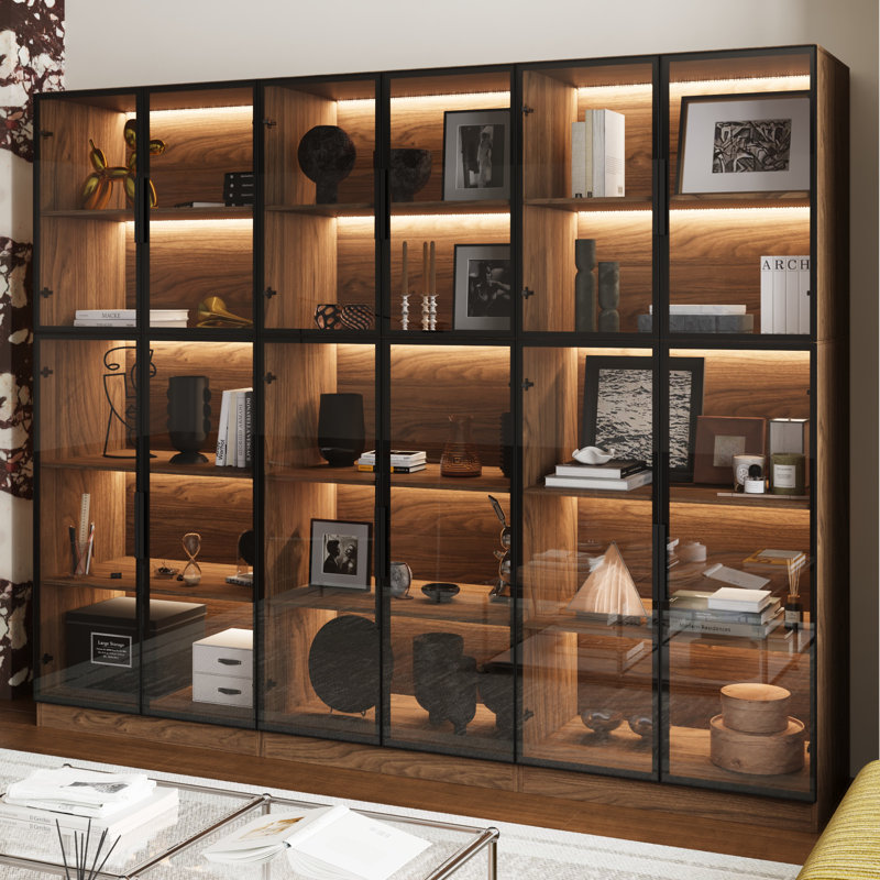 Combination Bookcase With Glass Doors And Led Lights, Display Cabin With 5-tier Shelveset, Walnut, 78.7"H x 94.5"W x 16.5"D
