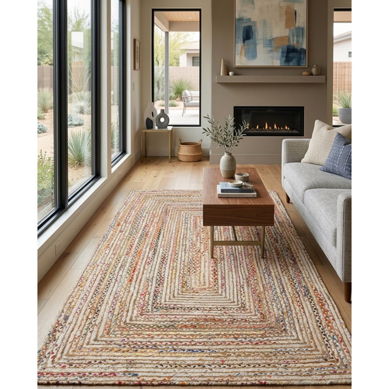 Hand Braided Cotton & Jute Contemporary Light Multicolor Indoor / Outdoor Rectangle Area Rugs, Rectangle 5'x8'
