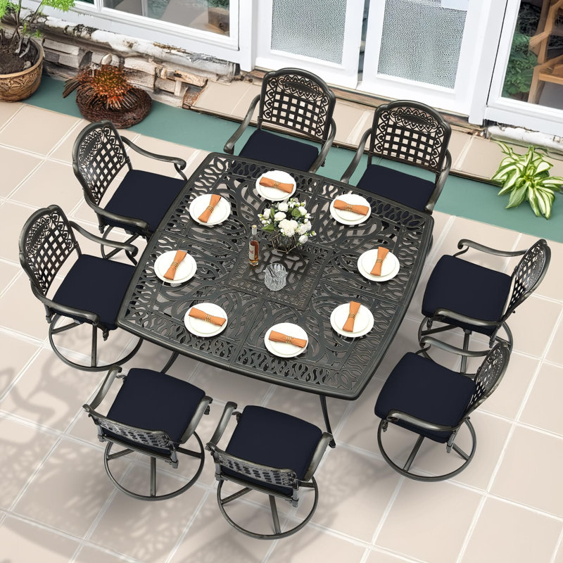 9-Piece Outdoor Patio Dining Set, All Weather Cast Aluminum Patio Funiture Table And Chairs Set- Large 64" Square Table And 8 Cushioned Swivel Rocker Chairs, 2.2" Umbrella Hole