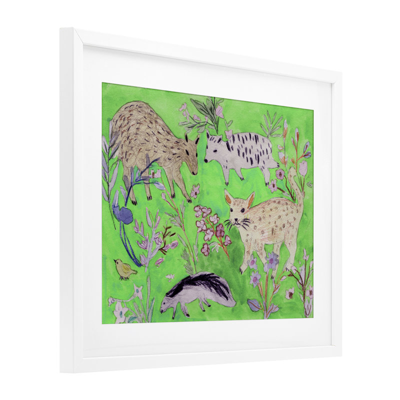 «Quirky Meadow Wildlife», reproduction sous verre encadrée, design par Melissa Wang, H 13 po x l 16 po, Cadre blanc côtier