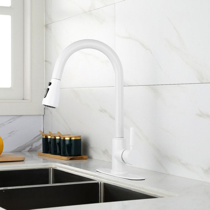 Robinet de cuisine en acier inoxydable blanc, douchette extractible pour une utilisation pratique, buse rotative à 360 °, deux réglages de débit d'eau, simple et facile, contrôle simple blanc avec douchette, sophistiqué moderne
