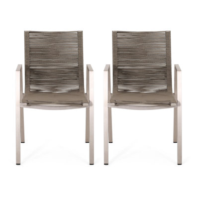 Modern Taupe Rope Seat Dining Chairs With Aluminum Frame, 2 , Space Efficient Outdoor In Taupe/silver, Of 2, Build