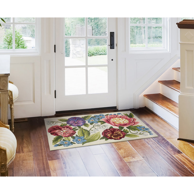 Andreane Floral Synthetic Non-Skid Kitchen Mat, Rectangle 2' x 2'10", Cream