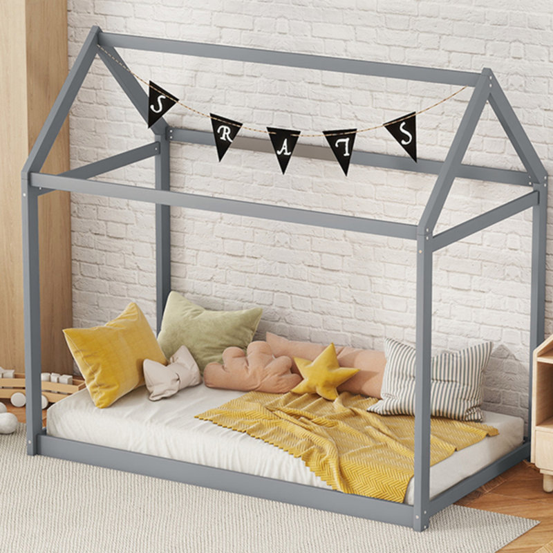 Lit maison en bois, gris