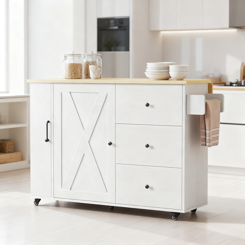 Mobile Kitchen Island Cart With Drop Leaf, 3 Drawers & Storage Cabinets, 5-Wheel Rolling Cart With Towel Rack For Kitchen Organization And Food Prep
