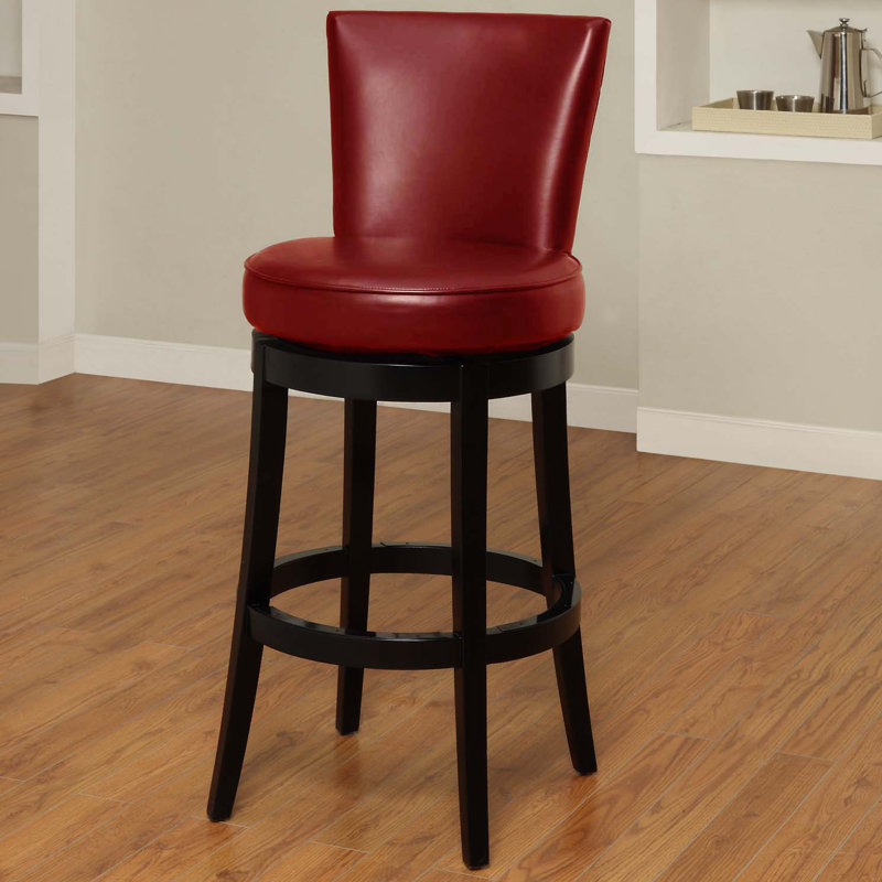 Alesja Swivel Counter or Bar Height Armless Bar Stool with Footrest in Faux Leather and Black Wood, Red