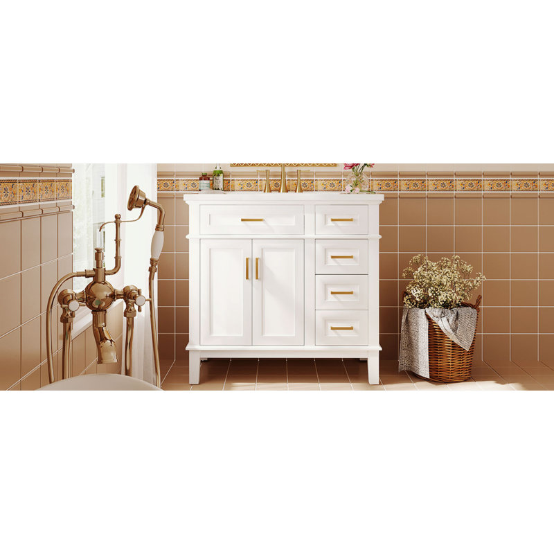 Meuble-lavabo de 36 po avec lavabo en résine, armoire de salle de bain moderne avec deux portes à fermeture douce et quatre tiroirs
