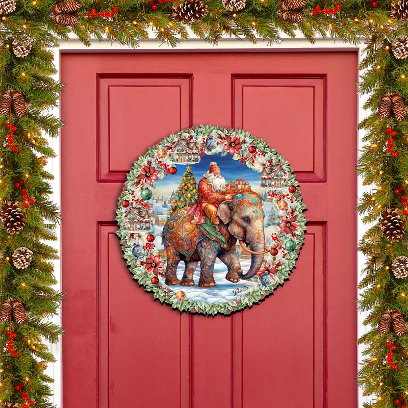 Crochet de porte en bois Borendy Santa on Elephant Wreath