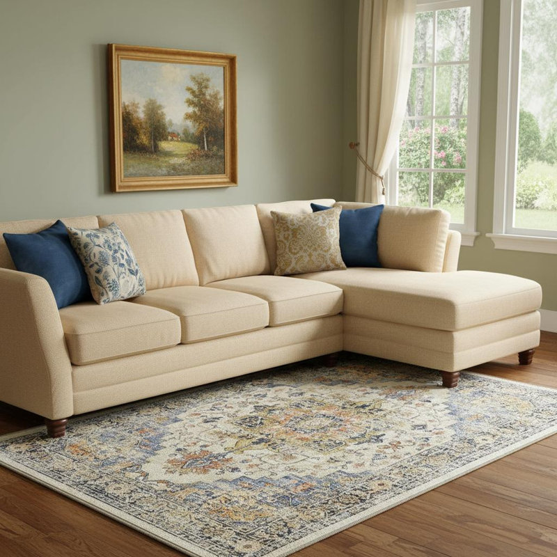 8' X 10' Ivory Blue And Orange Medallion Washable Area Rug