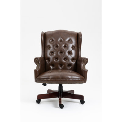 Fauteuil de direction inclinable en cuir de polyuréthane à haut dossier haut, siège et dossier rembourrés épais, roulettes à roulement lisse, brun