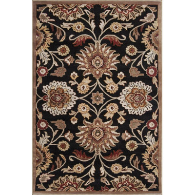 Black Floral Traditional Woven Base Washable Rug