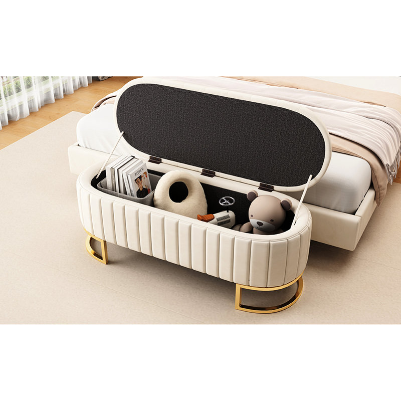 Stylish Beige Velvet Bench With Storage And Button Tufting Modern Living Room Surface Space, Beige