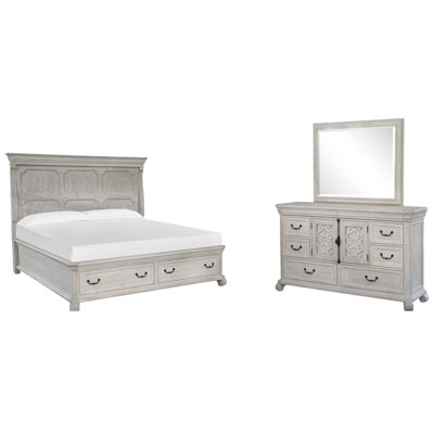 King Panel Storage Bed And Drawer Dresser With Landscape Mirror