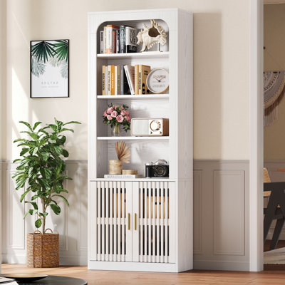 Batelion 68"H x 23.6"W 6-Tier Shelf Storage Bookcase with Door Cabinets (White)