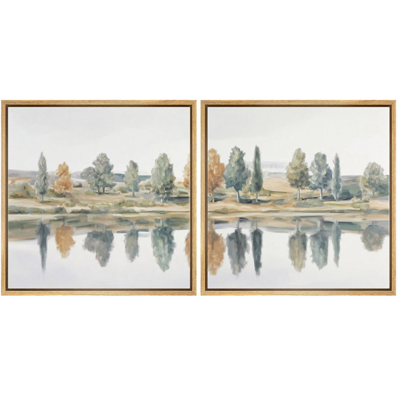 Doux automne arbres au bord du lac réflexion paysage mural encadré chambre à coucher principale, œuvre d'art 2 pièces