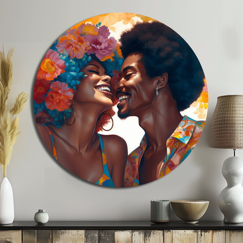 Beautiful Black Couple In Love II - People Round Art en métal, H 16 po x l 16 po