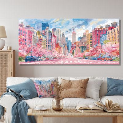 Rose, bleu, bâtiments de New York en été - salon d'art mural de New York