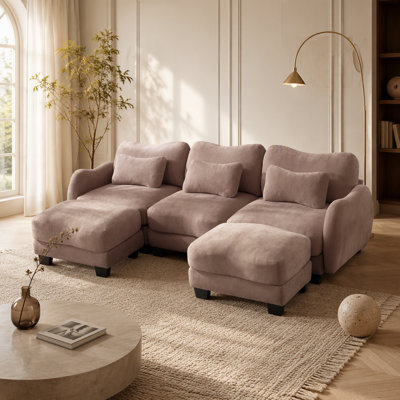 Canapé en forme de U en chenille avec 3 coussins de taille exquise, canapé modulaire surdimensionné à 3 places avec 2 repose-pieds mobiles, conception incurvée ergonomique, canapé modulaire facile à assembler pour le bureau du salon, poussière de rose