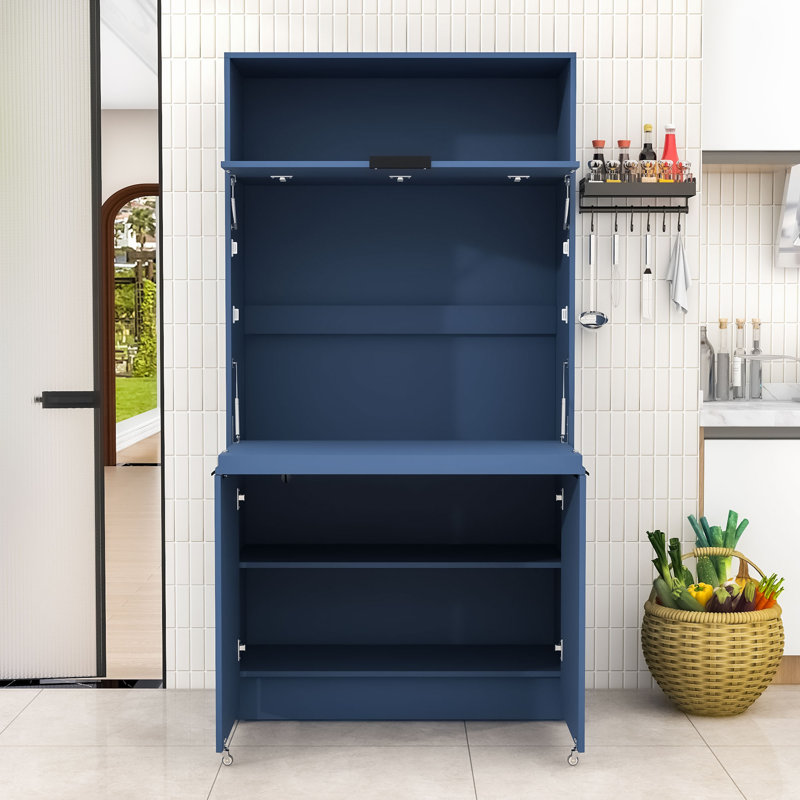 Armoire de cuisine moderne avec portes rabattables, station de charge intégrée et tablette réglable, Bleu très foncé