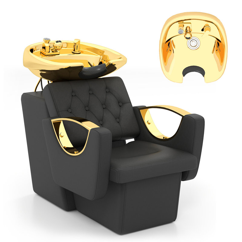 36.9"l*13"w Freestanding Shampoo Sinks With Faucet,black & Gold Shampoo Station With Ceramic Hair Wash Bowl