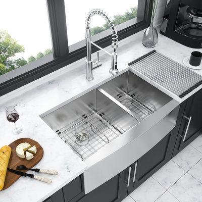 16 Gauge 36" Double Bowl  60/40  Apron Front Stainless Steel Kitchen Sink, X - Shaped Water Guide For Smooth Flow, 3Mm Pad, Brushed Nickel, Package With Drain Assembly And Installation Clips Sink 9"