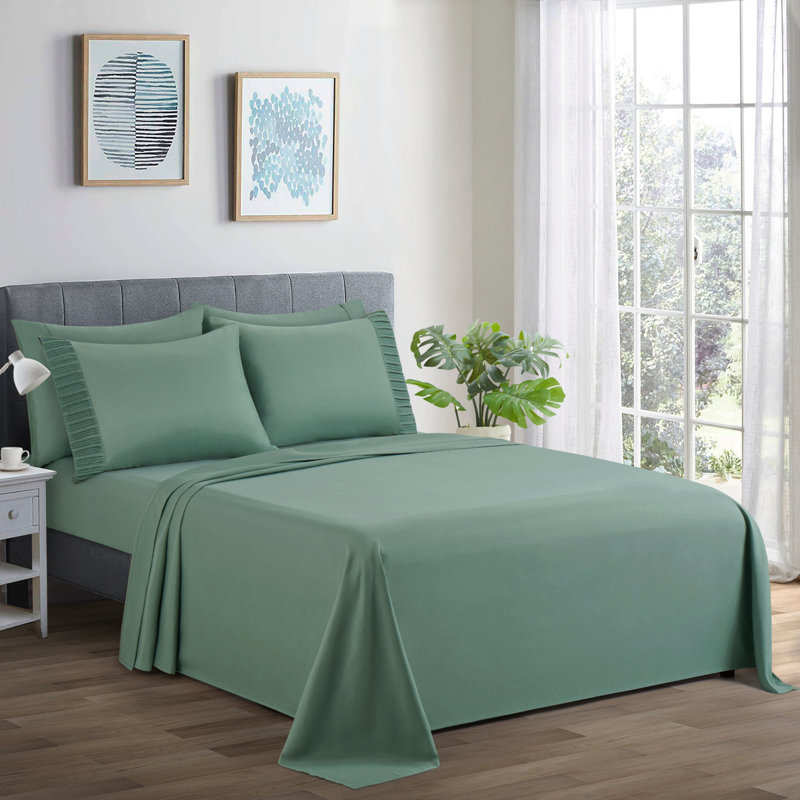 Queen Green Deep Pocket Polyester Bamboo Satin Sheet Set