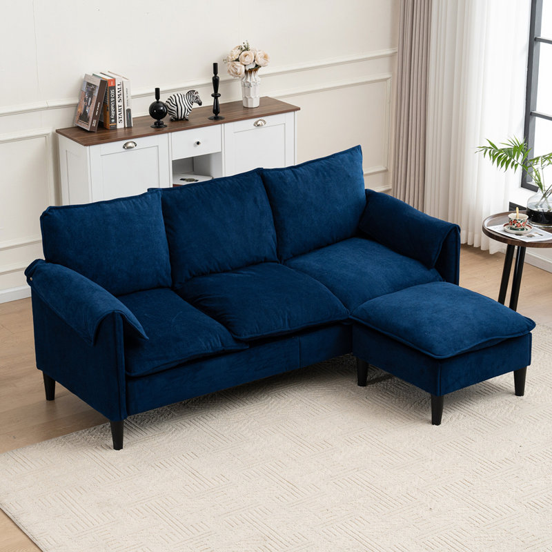 Canapé convertible en forme de L avec rangement et repose-pieds, tissu bleu pour le salon, la chambre à coucher, le bureau et les petits espaces