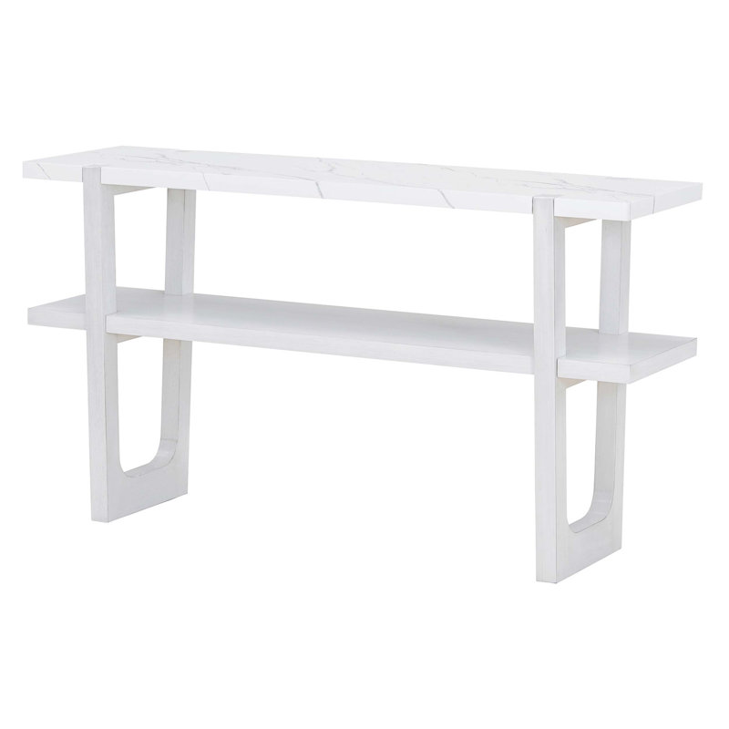 Narrow Console Table with Marble Effect Top, Retro Entryway Table with Open Shelf, Antique White