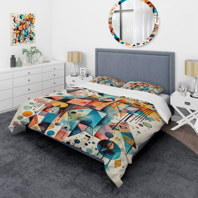 Ensemble de housse de couette en microfibre / polyester à géométrie bleue et orange
