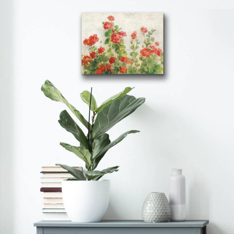 «Red Geraniums On White V2» par Danhui Nai, art mural en verre acrylique, H 12 po x l 16 po x P 0,13 po