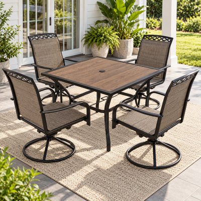 Ensemble de salle à manger d'extérieur 5 pièces Eleura Home, comprenant 4 chaises pivotantes à 360°, une table bistro carrée avec trou pour parasol de 4 cm, un revêtement en textile résistant aux intempéries et une structure en acier robuste. Idéal pour le porche, la terrasse ou le jardin.