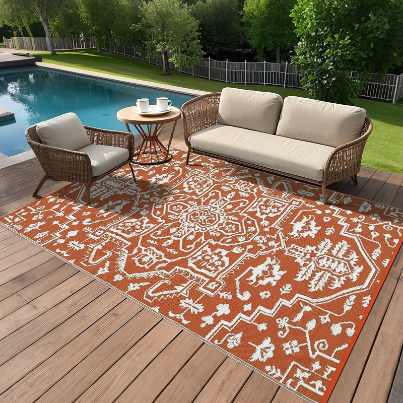 Tapis rectangulaire en polyester 10 pi x 20 pi blanc brique rouge blanc imperméable réversible résistant aux UV Nettoyage facile pour l'extérieur