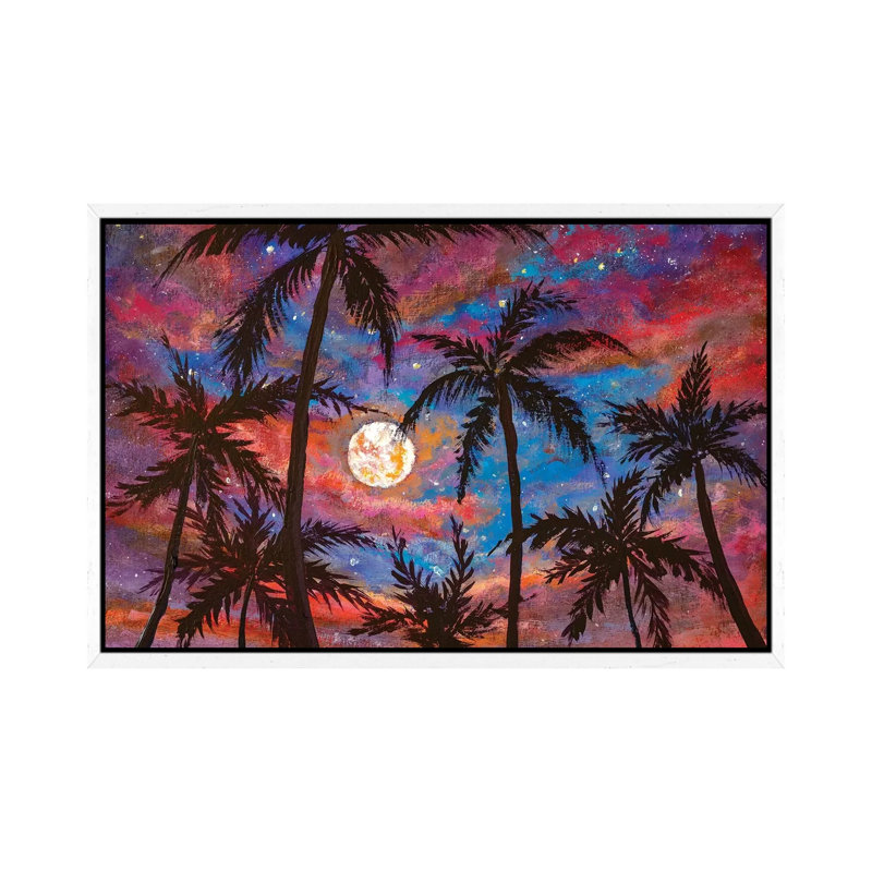 Beautiful Palm Trees, Pink Purple Sunset And Large Moon by Valery Rybakow - Painting on Canvas, White Framed