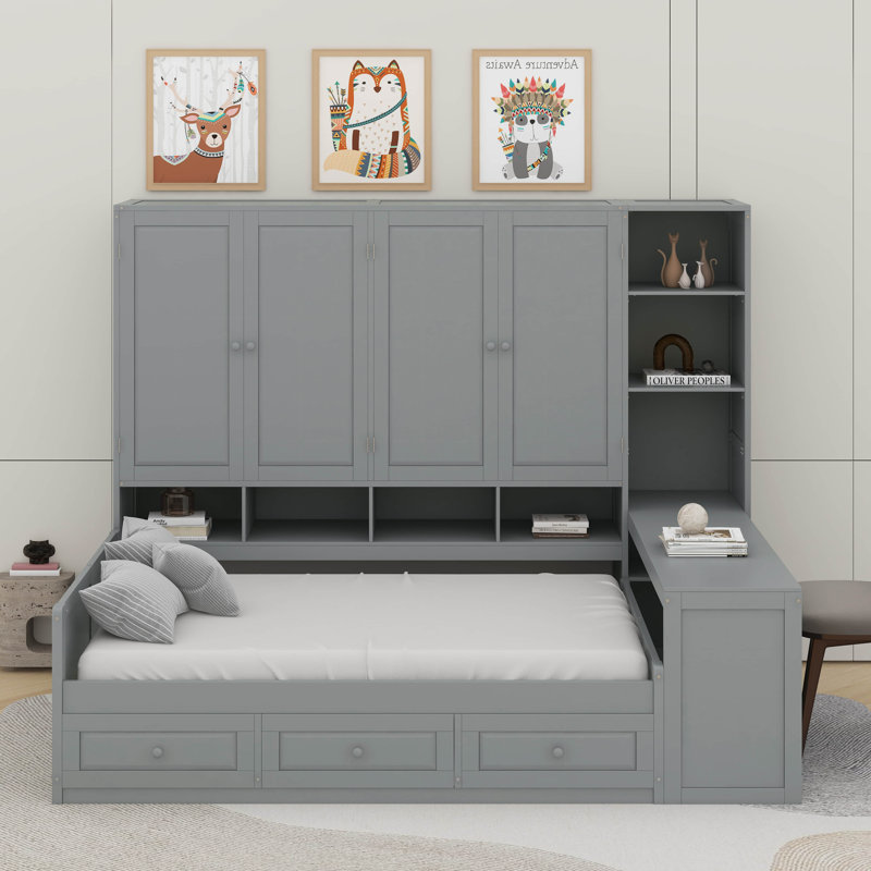 Bed with 4 Drawers, Gray