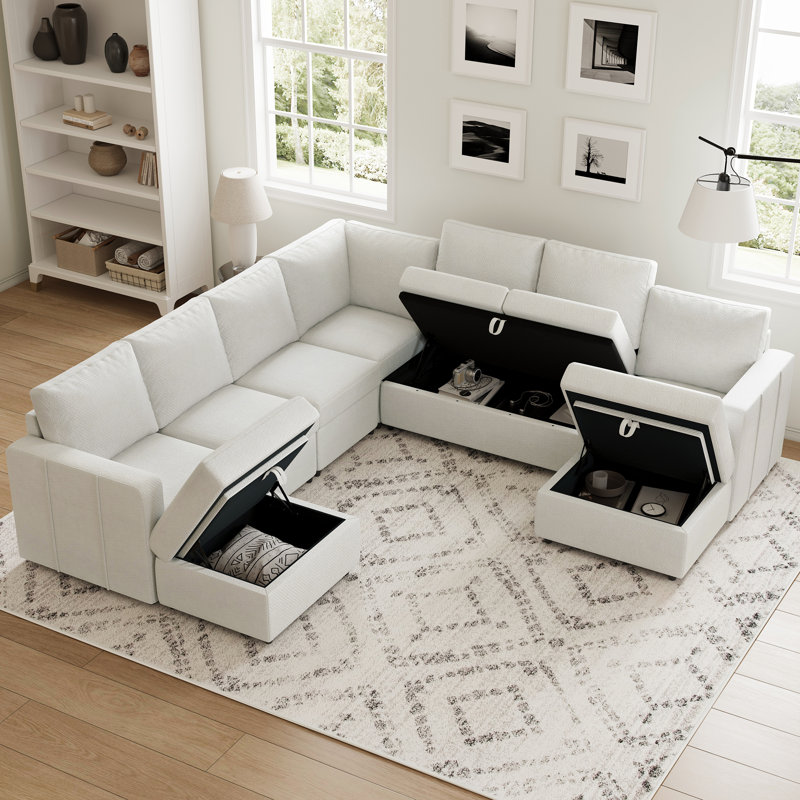 Canapé modulaire en L Aubade de L 107 po avec 2 repose-pieds avec rangement, Chenille beige