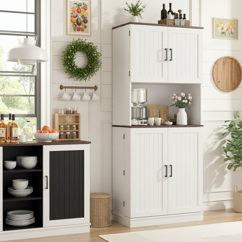 Armoire de cuisine de 71 po de hauteur, armoire de rangement de style campagnard avec 6 tablettes suspendues et tablettes réglables, armoire autoportante pour salle à manger, blanc rustique