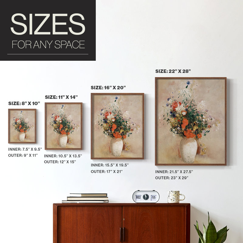 Reproduction florale vintage encadrée CECLVII - bois massif, Noyer, H 30 po x l 24 po