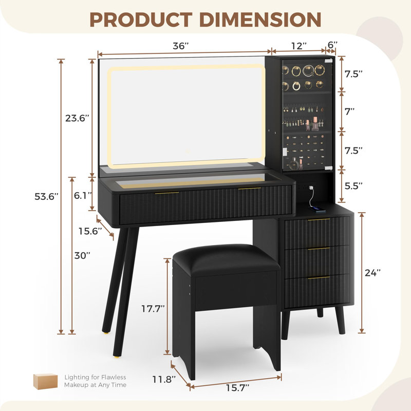 Makeup Vanity with Lighted Mirror, Stool and Charging Station for Bedroom, Black