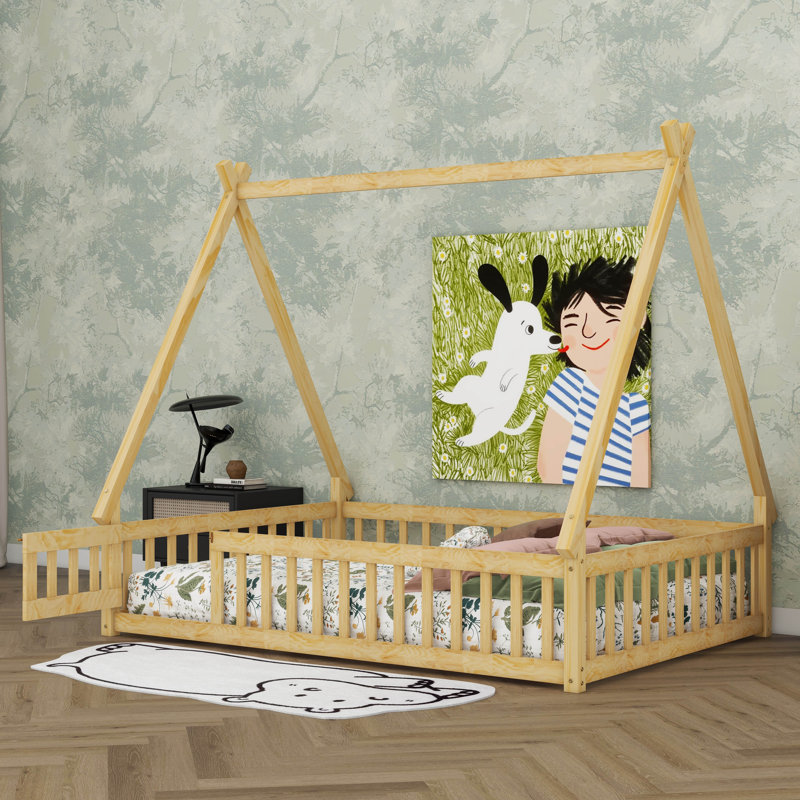Cadre de lit cabane avec barrière et porte, lit Montessori en bois avec sommier à lattes, Double, Naturel