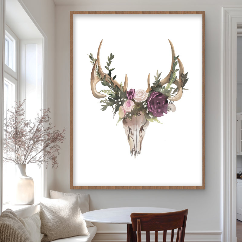 Crâne de cerf avec fleurs - reproduction encadrée pour la décoration intérieure