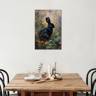  Bunny Art Canvas - Lapin rétro avec fleurs, décoration murale pour l'esthétique de Pâques et du printemps - Reproduction d'art sur toile tendue avec cadre en pin, 12 po x 16 po