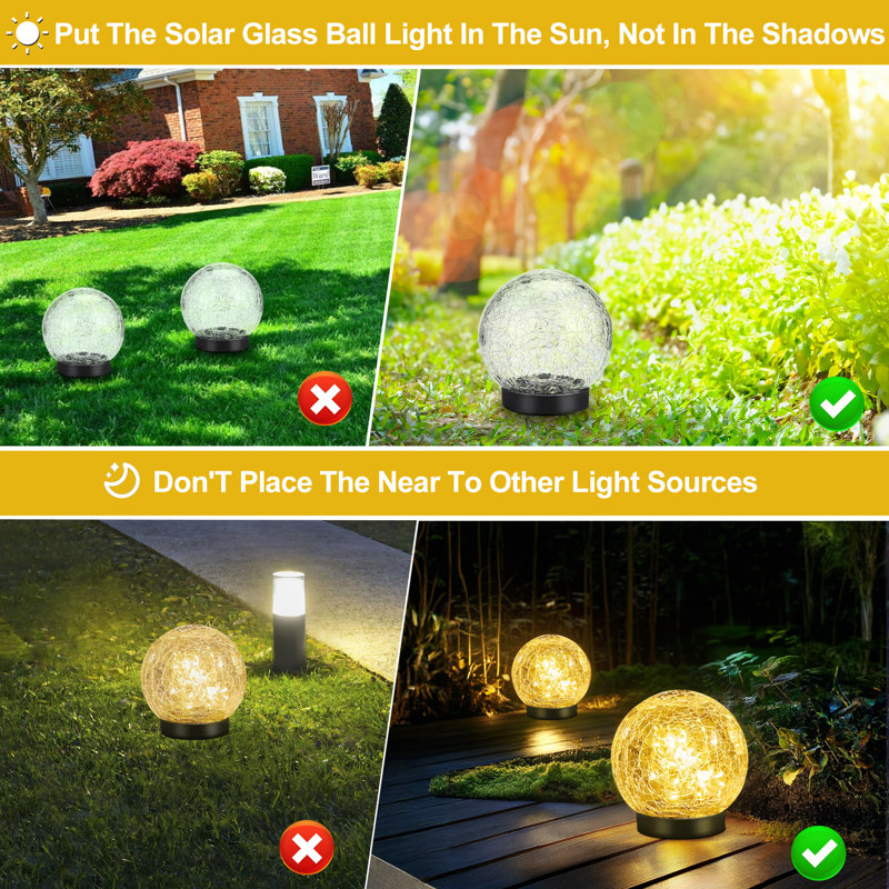 Éclairage solaire d'extérieur en verre craquelé Huckstadt, Jaune, H 4,72 po x l 4,72 po x P 4,72 po