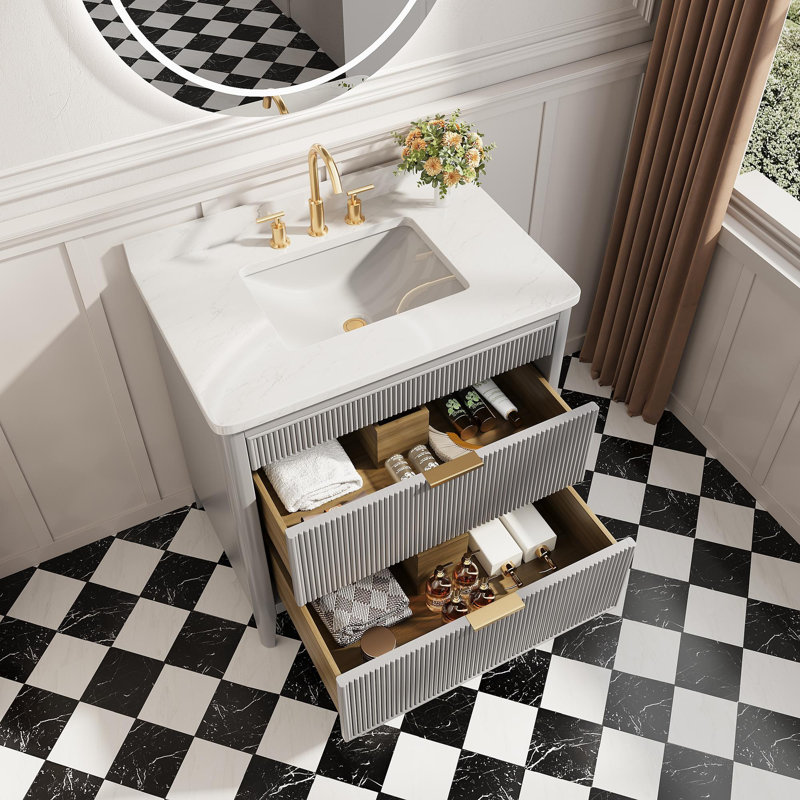 Meuble-lavabo sur pied simple 36 po avec structure en bois massif et plateau en marbre d'ingénierie 36 po, Gris