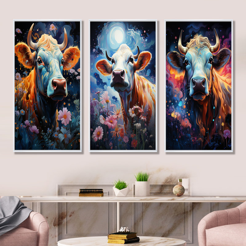 Vache fantastique dans un pays enchanté - ensemble de 4 décorations murales de vache, Cadre flottant blanc, H 32 po x l 48 po