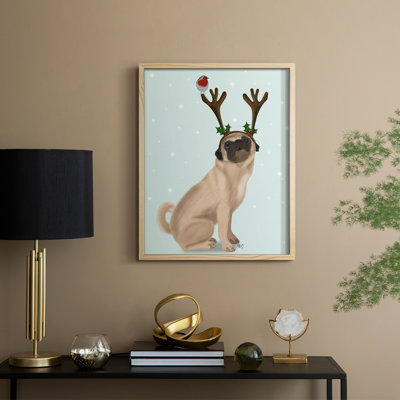 Christmas Pug with Antlers and Robin Framed Print - Solid Wood
