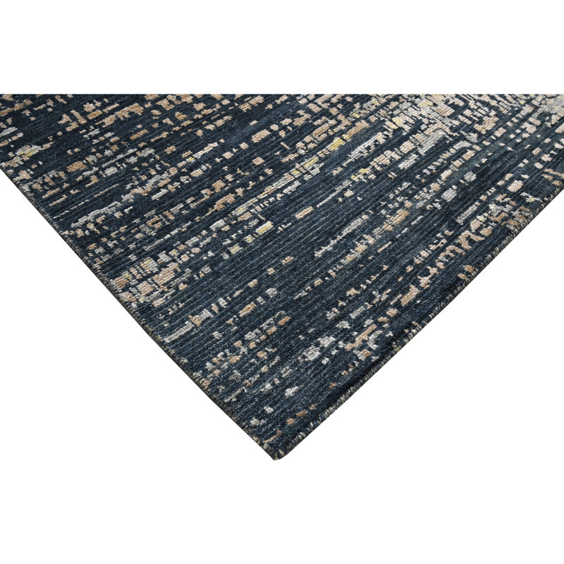 High-Quality Hand-Knotted Denim Blue And Gold Area Rug