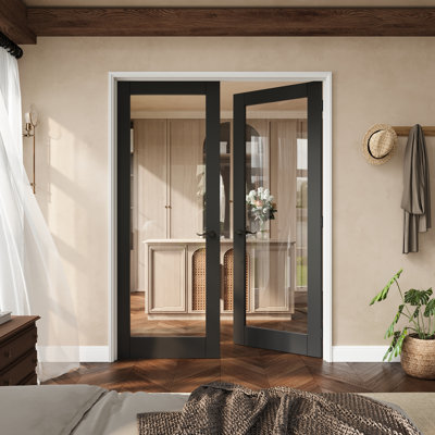 60" X 80" 1-Lite Black Clear Glass French Door With Black Latches, Clear Glass Door Slab With Frame, Sound-Dampening & Waterproof, Suit For Laundry, Closet Doors, Room Doors, Latch & Door Lever Included