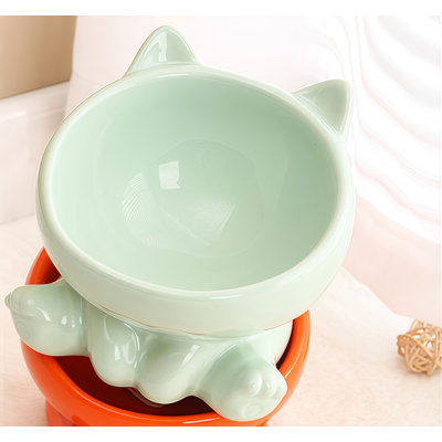 Elevated Ceramic Cat Bowl, 15° Tilted Anti-Vomiting Feeder, Whisker Friendly, Neck Protection, For Small, Medium & Large Cats, Microwave & Dishwasher Safe