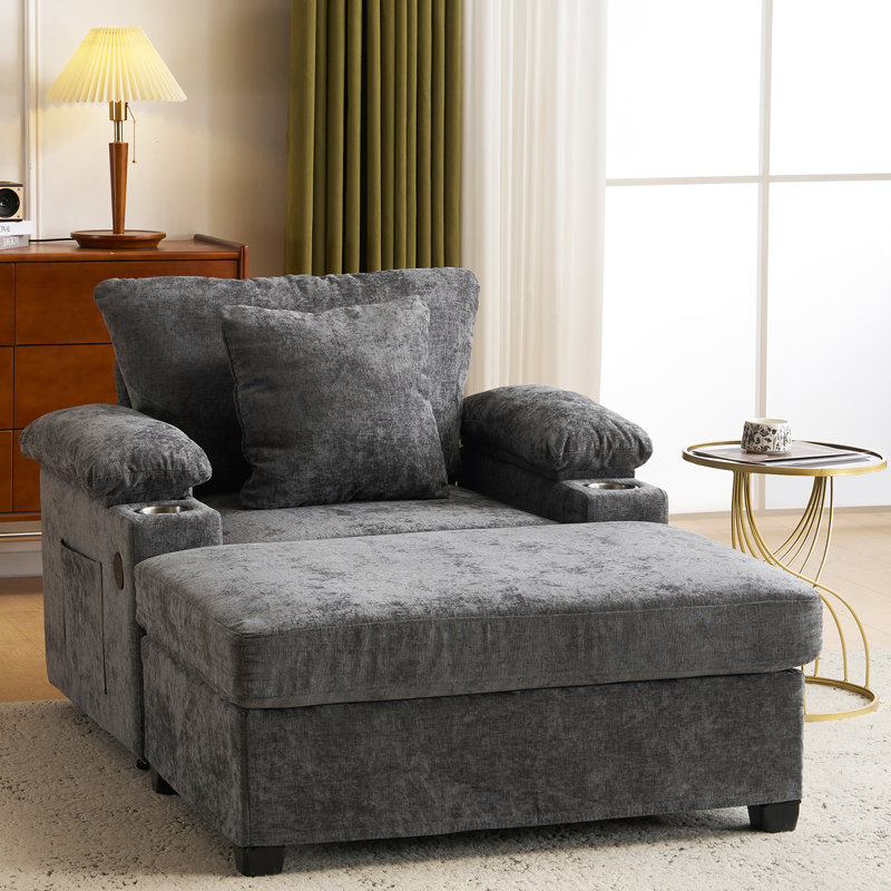 Fauteuil surdimensionné en chenille avec repose-pieds, porte-gobelet et port de chargement USB, Gris foncé