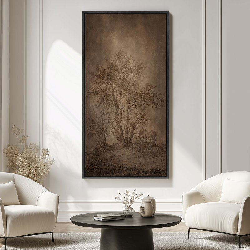 Vintage Sepia Countryside Tree & Cottage Scene – Large Framed Canvas Master Bedroom Wall Art Print, 60" H x 30" W x 1.5" D